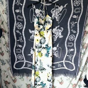Floral Satin Maxi Dress in White and Green